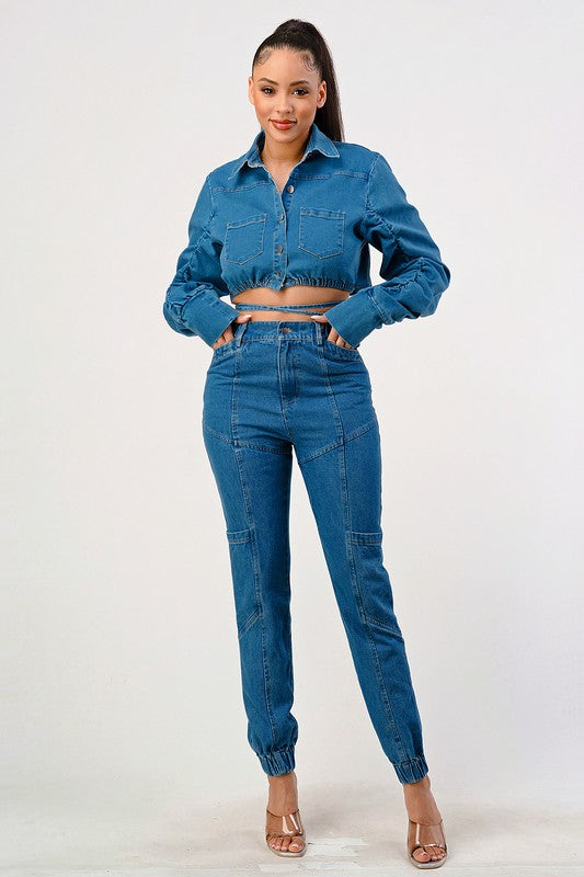 Women's Cropped Long Sleeve Denim Jacket