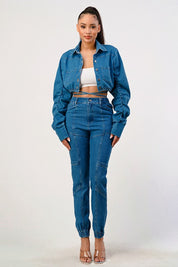 Women's Cropped Long Sleeve Denim Jacket