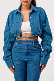 Women's Cropped Long Sleeve Denim Jacket