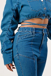 Women's Cropped Long Sleeve Denim Jacket