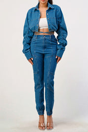 Women's Cropped Long Sleeve Denim Jacket