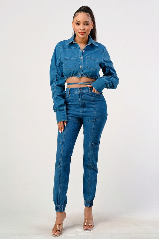 Women's Cropped Long Sleeve Denim Jacket