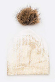 Women's Snug Fit Metallic Cashmere Beanie with Detachable Pom Pom