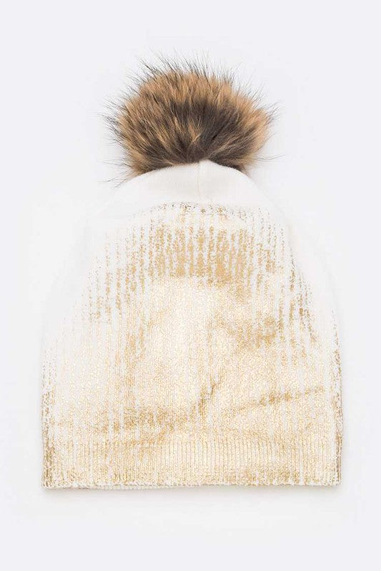 Women's Snug Fit Metallic Cashmere Beanie with Detachable Pom Pom