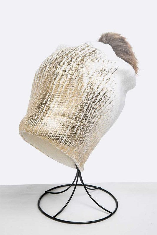 Women's Snug Fit Metallic Cashmere Beanie with Detachable Pom Pom