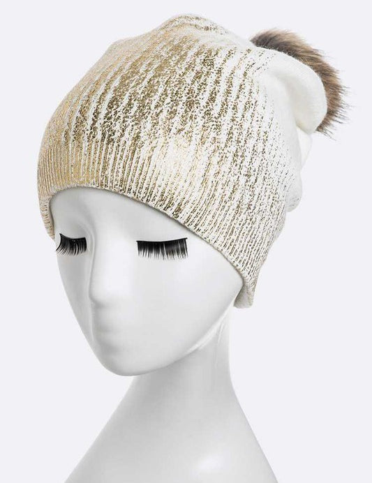 Women's Snug Fit Metallic Cashmere Beanie with Detachable Pom Pom