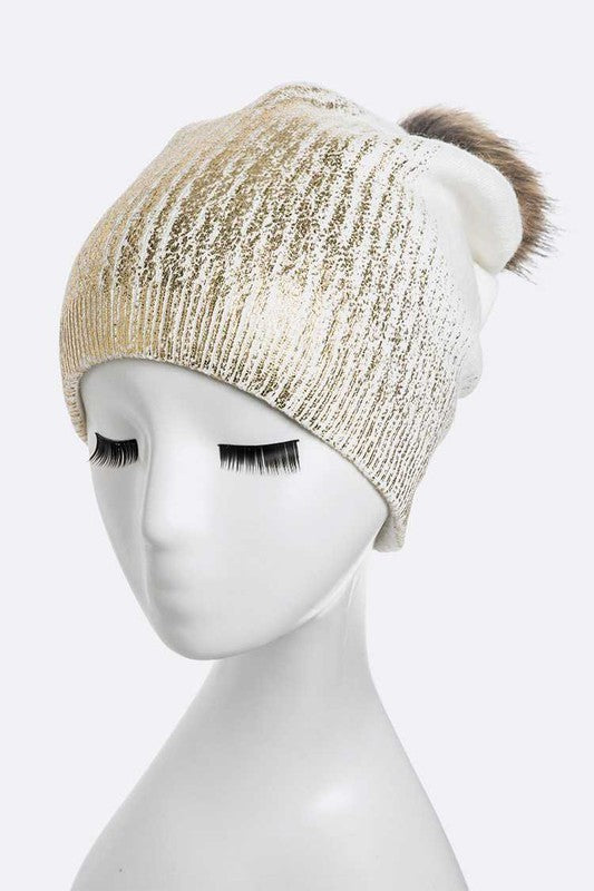 Women's Snug Fit Metallic Cashmere Beanie with Detachable Pom Pom