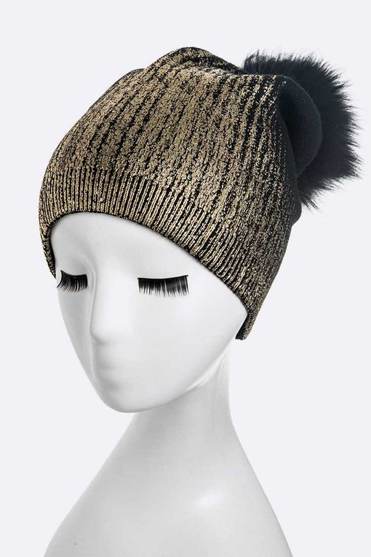 Women's Snug Fit Metallic Cashmere Beanie with Detachable Pom Pom