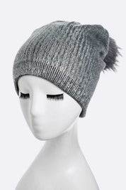 Women's Snug Fit Metallic Cashmere Beanie with Detachable Pom Pom