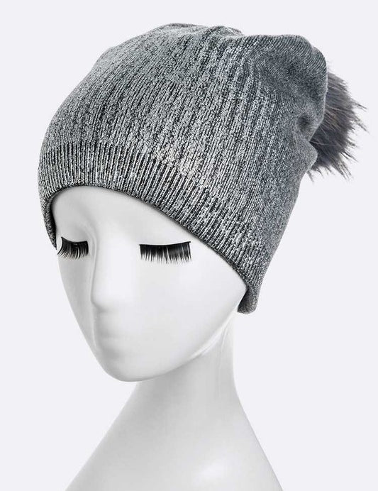 Women's Snug Fit Metallic Cashmere Beanie with Detachable Pom Pom