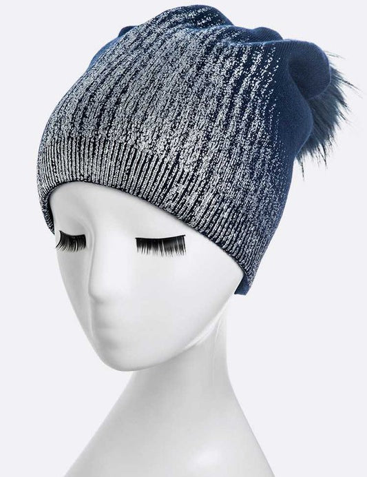 Women's Snug Fit Metallic Cashmere Beanie with Detachable Pom Pom