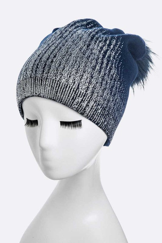 Women's Snug Fit Metallic Cashmere Beanie with Detachable Pom Pom