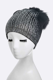 Women's Snug Fit Metallic Cashmere Beanie with Detachable Pom Pom