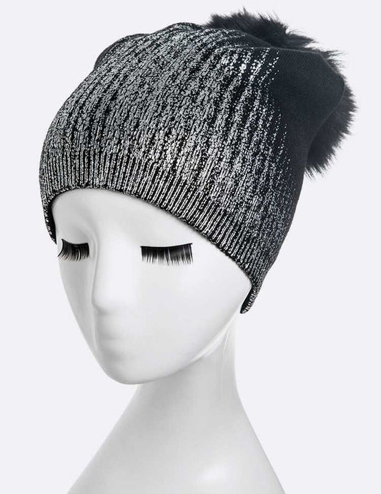 Women's Snug Fit Metallic Cashmere Beanie with Detachable Pom Pom