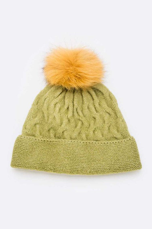 Women's Wool Blend Slouchy Beanie with Detachable Fur Pom