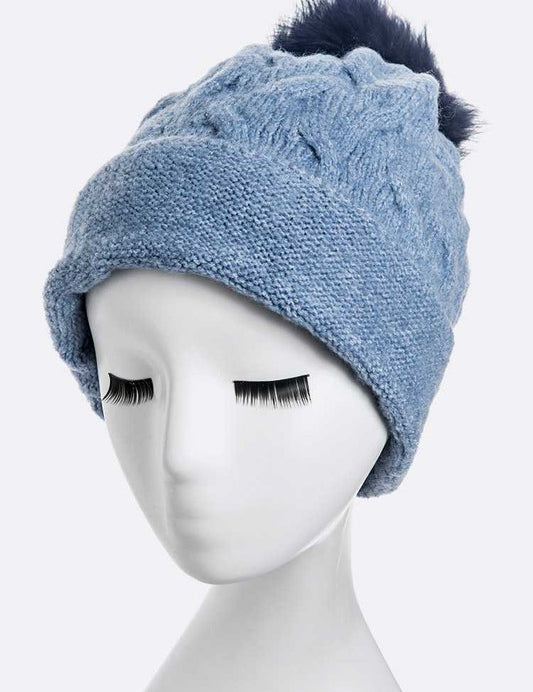 Women's Wool Blend Slouchy Beanie with Detachable Fur Pom