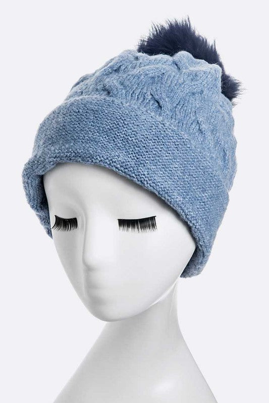 Women's Wool Blend Slouchy Beanie with Detachable Fur Pom