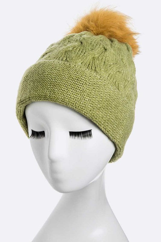 Women's Wool Blend Slouchy Beanie with Detachable Fur Pom