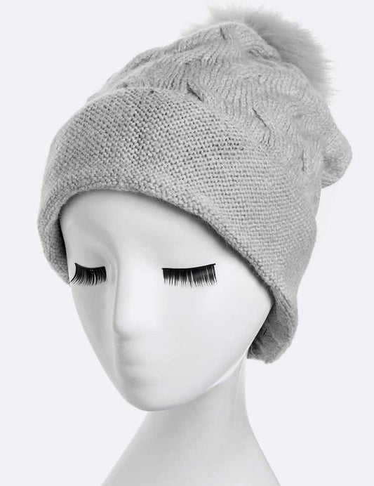 Women's Wool Blend Slouchy Beanie with Detachable Fur Pom