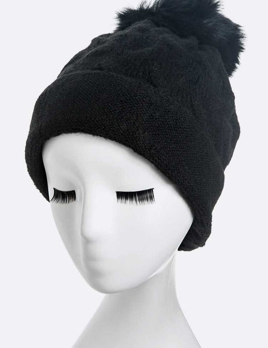 Women's Wool Blend Slouchy Beanie with Detachable Fur Pom