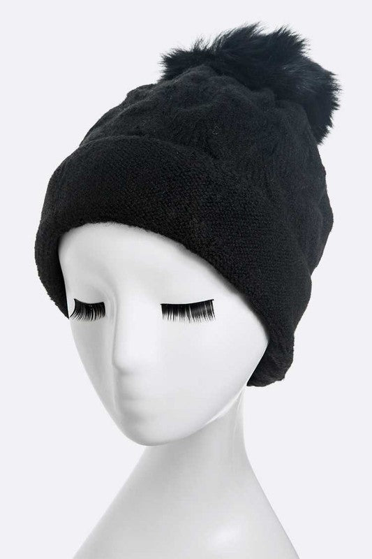 Women's Wool Blend Slouchy Beanie with Detachable Fur Pom