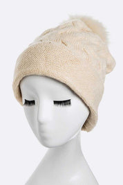 Women's Wool Blend Slouchy Beanie with Detachable Fur Pom