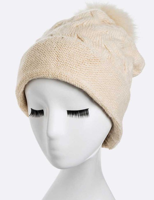 Women's Wool Blend Slouchy Beanie with Detachable Fur Pom