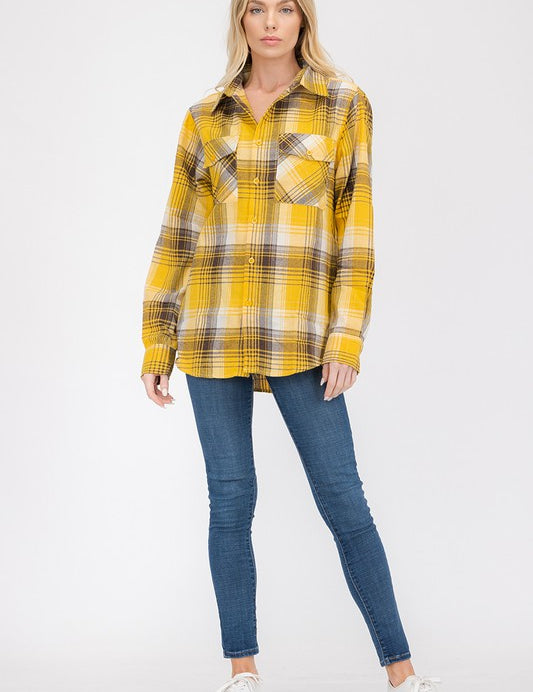 Women's Oversized Checker Plaid Flannel Long Sleeve Shirt