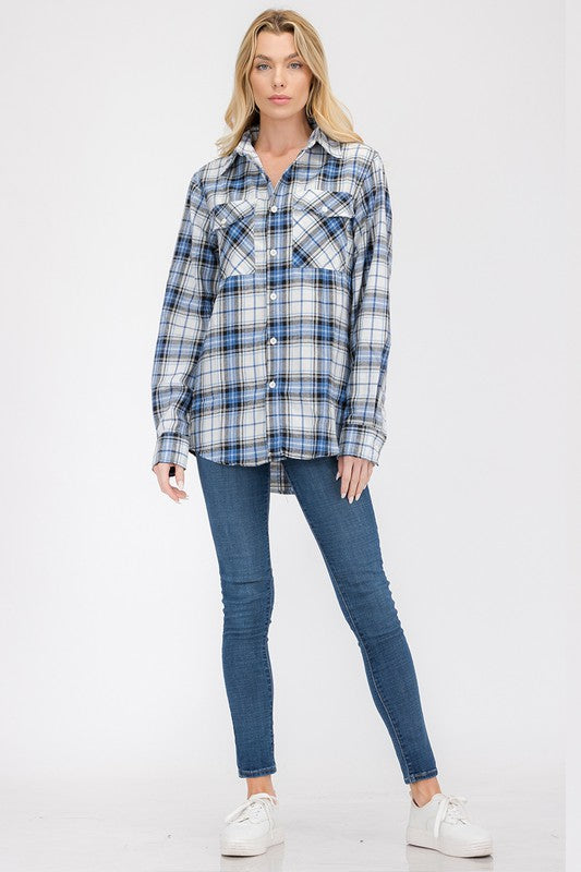 Women's Oversized Checker Plaid Flannel Long Sleeve Shirt