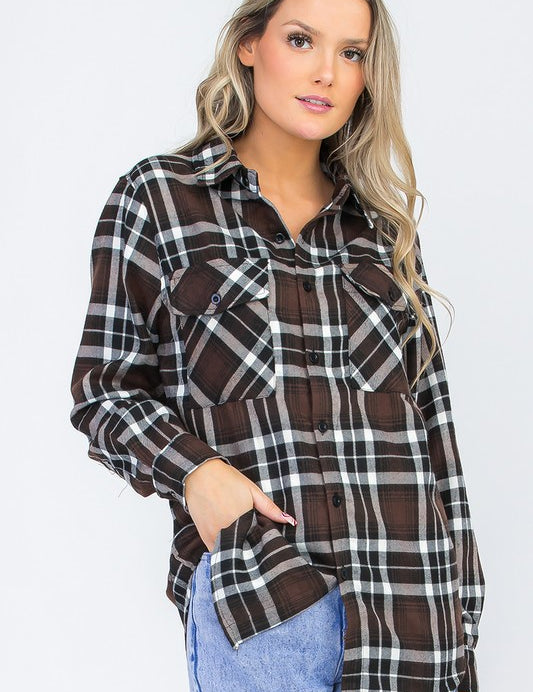 Women's Oversized Plaid Flannel Long Sleeve Shirt