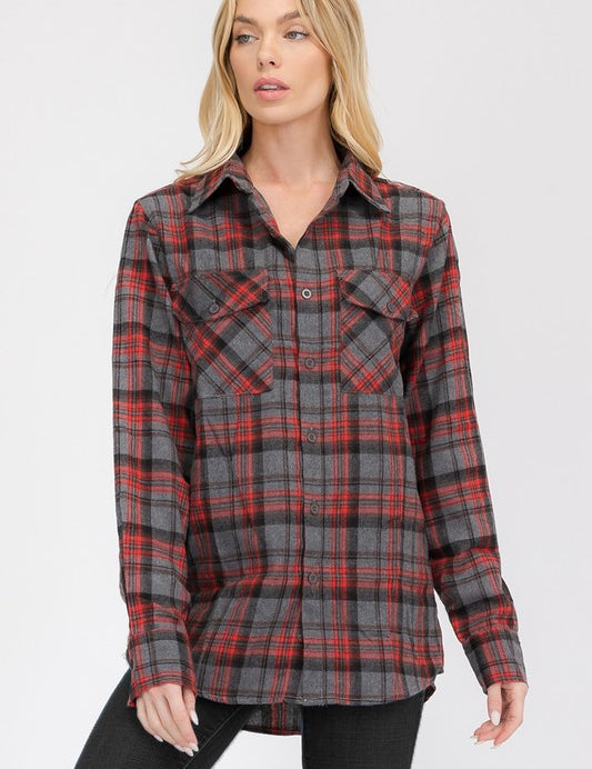 Women's Oversized Plaid Flannel Long Sleeve Shirt