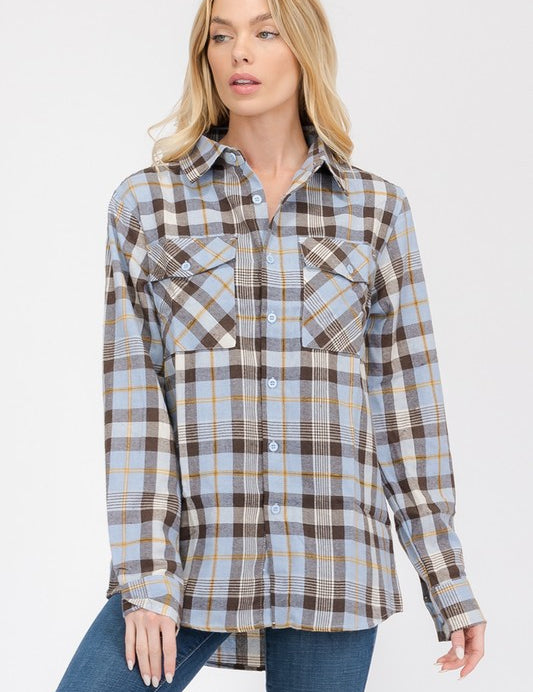 Women's Oversized Plaid Flannel Long Sleeve Shirt