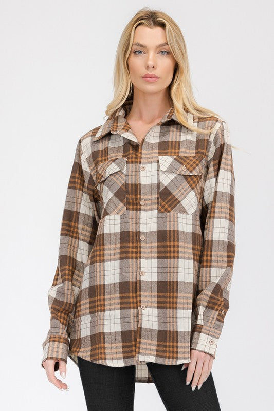 Women's Oversized Plaid Flannel Long Sleeve Shirt