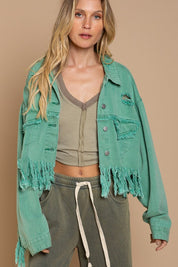 Women's Cropped Fringe Distressed Denim Jacket