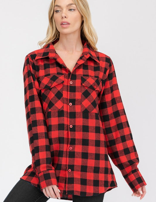 Women's Oversized Plaid Flannel Shirt with Chest Pockets