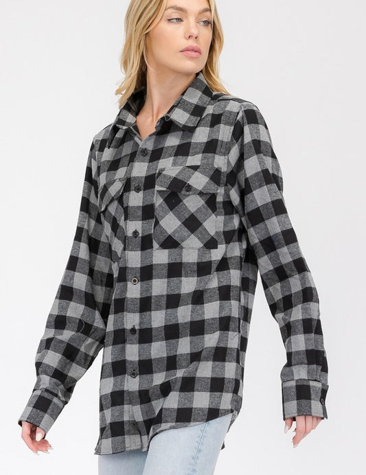 Women's Oversized Plaid Flannel Shirt with Chest Pockets