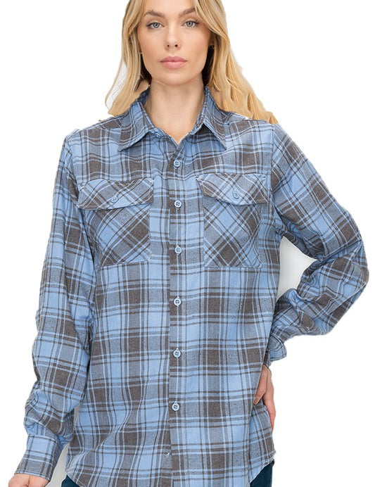 Women's Boyfriend Fit Plaid Flannel Long Sleeve Shirt