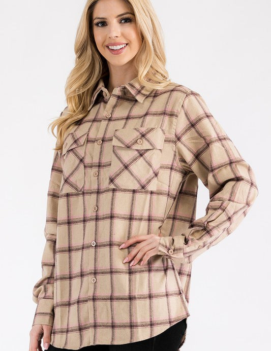 Women's Boyfriend Fit Plaid Flannel Long Sleeve Shirt