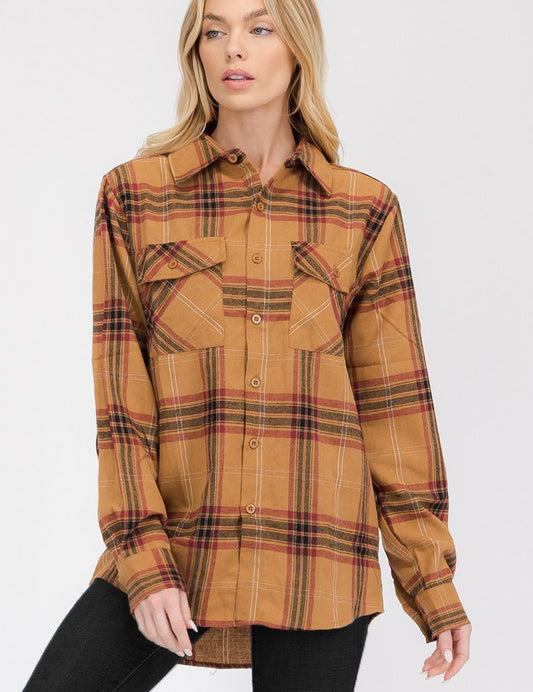 Women's Boyfriend Fit Plaid Flannel Long Sleeve Shirt