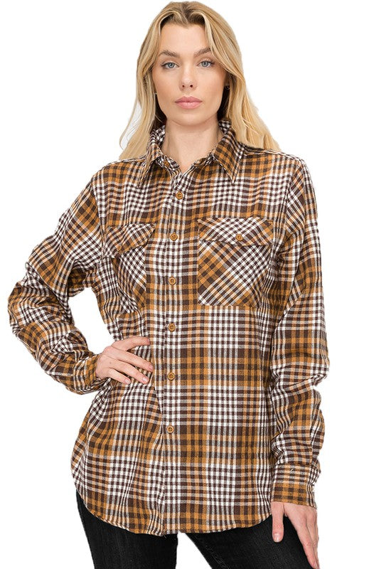 Women's Boyfriend Fit Plaid Flannel Long Sleeve Shirt