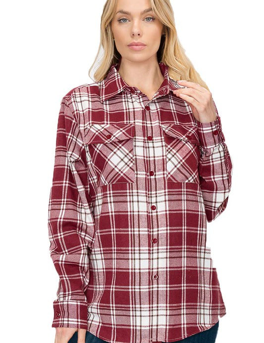 Women's Boyfriend Fit Plaid Flannel Long Sleeve Shirt