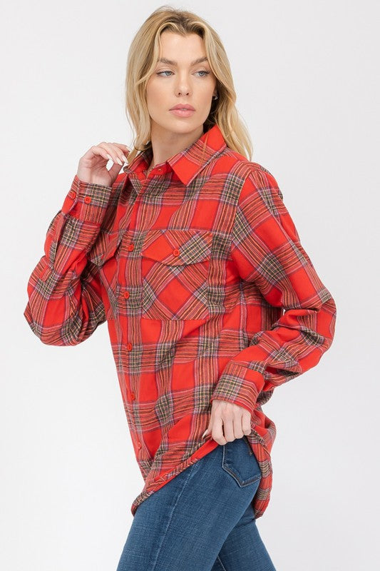 Women's Oversized Checker Plaid Flannel Shirt