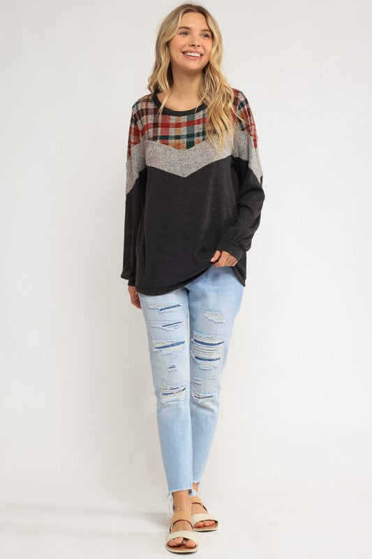 Women's Loose Fit Plaid Color Block Top