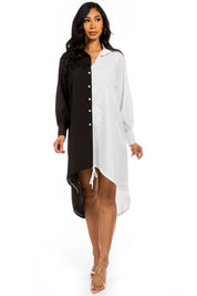 Women's Color Block Long Sleeve Front Button Shirt Dress