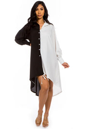 Women's Color Block Long Sleeve Front Button Shirt Dress