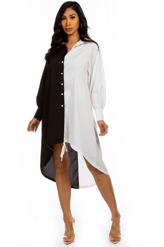 Women's Color Block Long Sleeve Front Button Shirt Dress