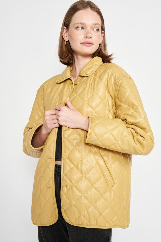 Women's Quilted PU Button Down Jacket