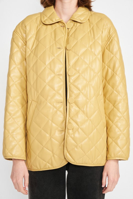 Women's Quilted PU Button Down Jacket