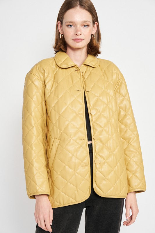 Women's Quilted PU Button Down Jacket