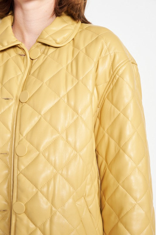 Women's Quilted PU Button Down Jacket